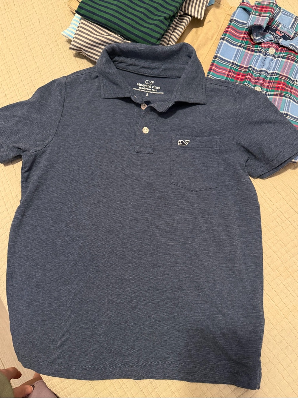 Vineyard Vines Heathered Blue Short-Sleeve Polo with Pocket Whale